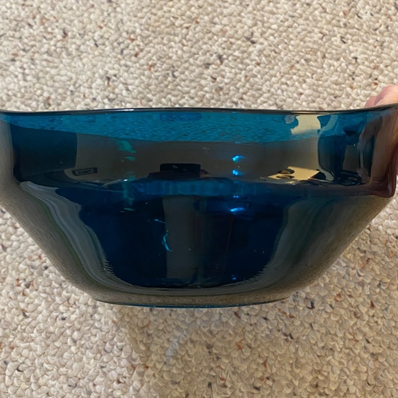 Teal glass serving bowl with teak handle silver metal carrier VTG '70's. - Picture 3 of 7